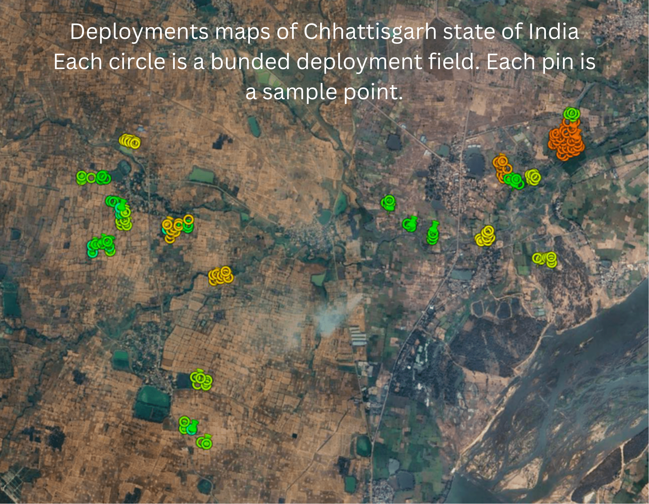 Deployments maps of Chhattisgarh state of India Each circle is a bunded deployment field. Each pin is a sample point. Mati Deployment Map